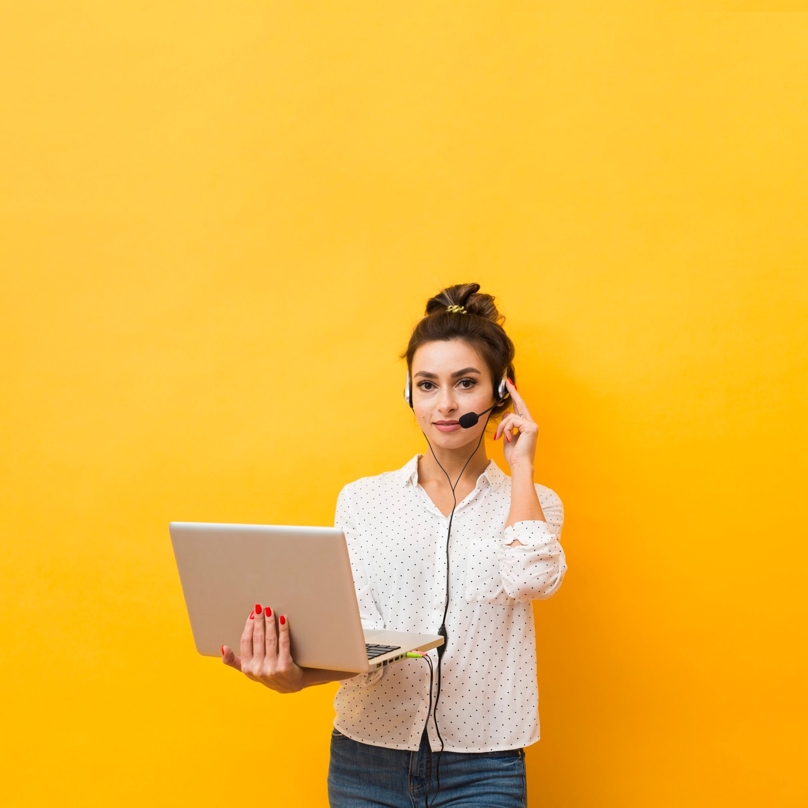 front view woman holding laptop ready take calls headset