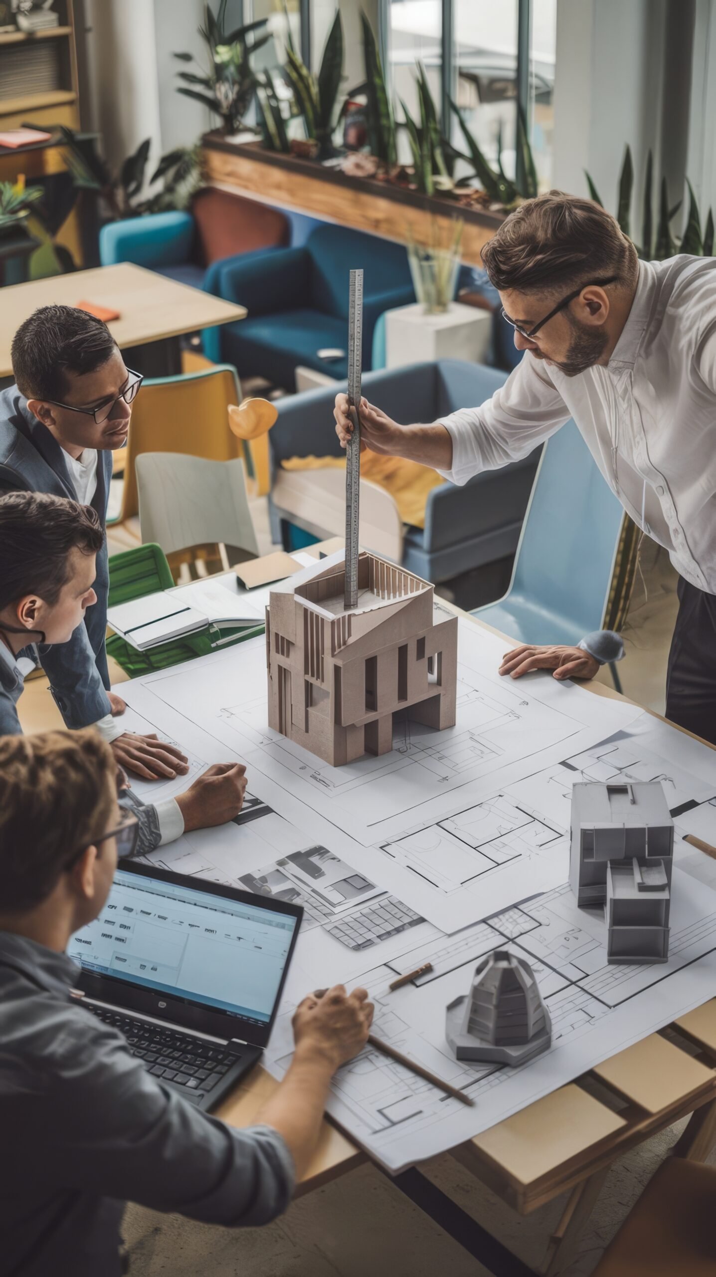 architects working with blueprints discussing building 3d printed model looking architectural