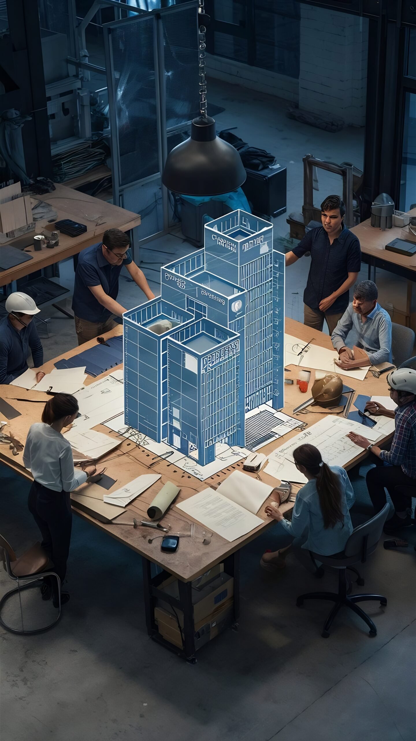 people design architecture workshop with blueprint drawing measurement building